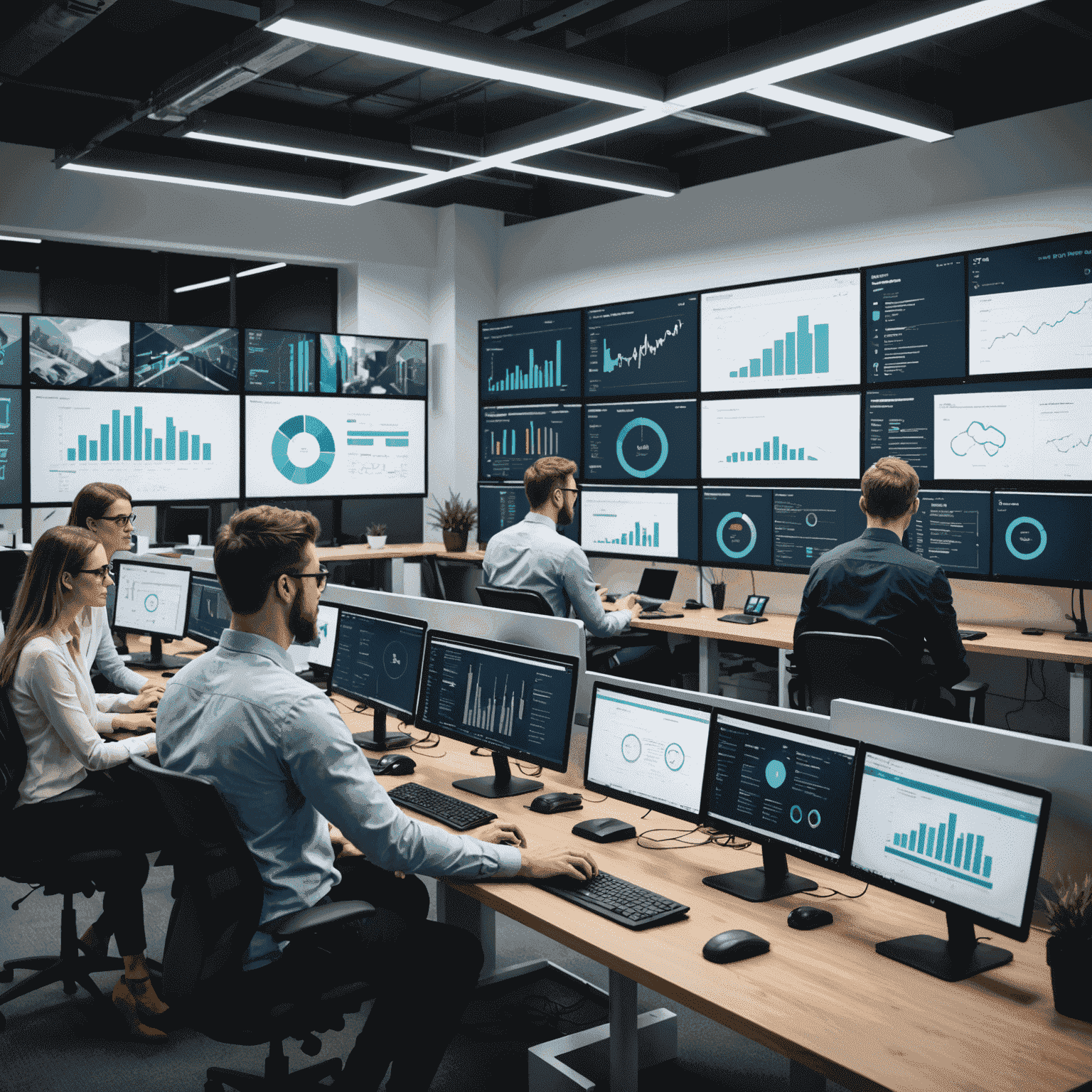 Das anquiewit-Team bei der Arbeit: Eine Gruppe von Fachleuten, die an Computern in einem modernen Büro zusammenarbeiten, umgeben von Bildschirmen mit E-Commerce-Analysen und Website-Designs