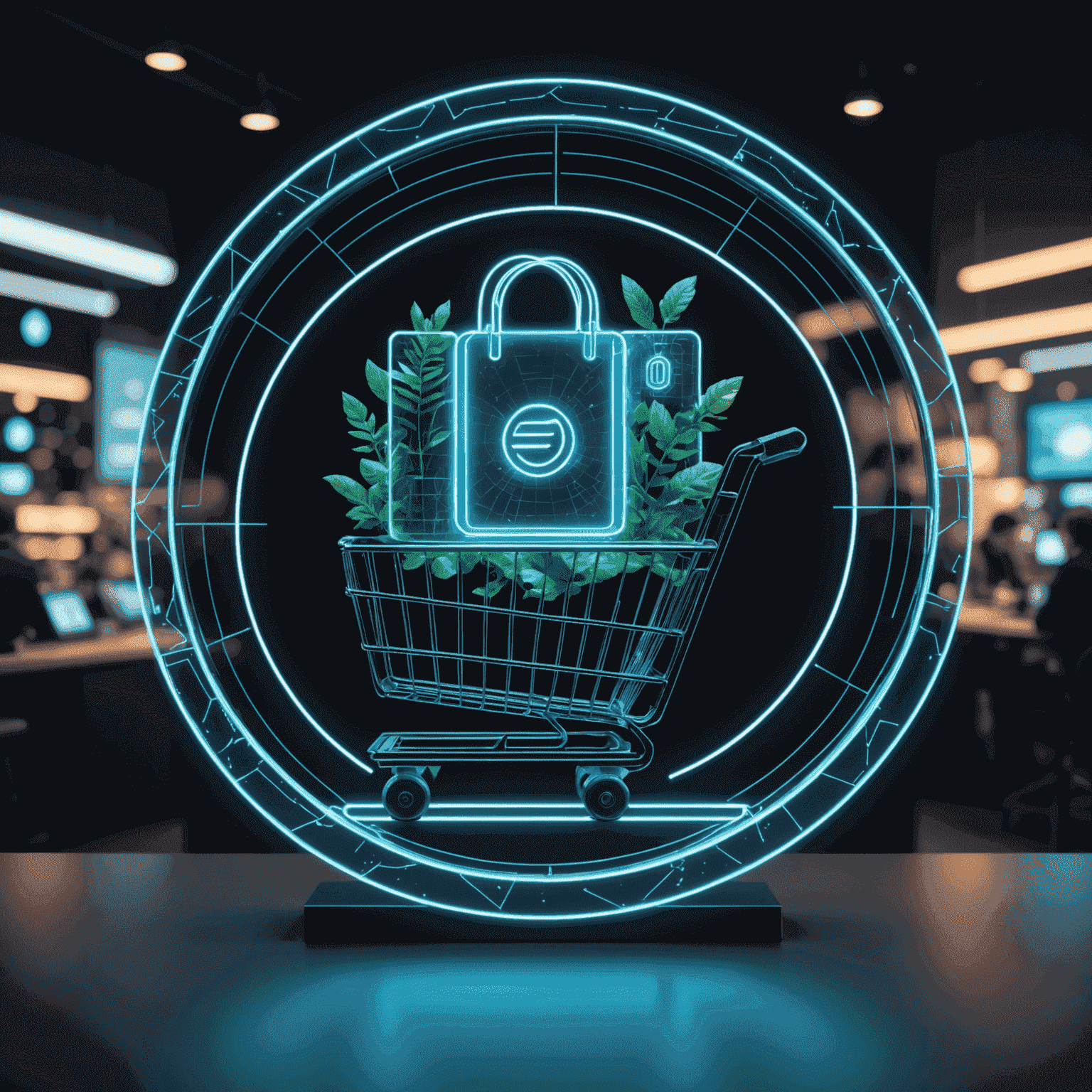 Futuristische Darstellung von E-Commerce-Trends in Deutschland, mit holografischen Grafiken und Neon-Elementen, die Wachstum und Innovation symbolisieren