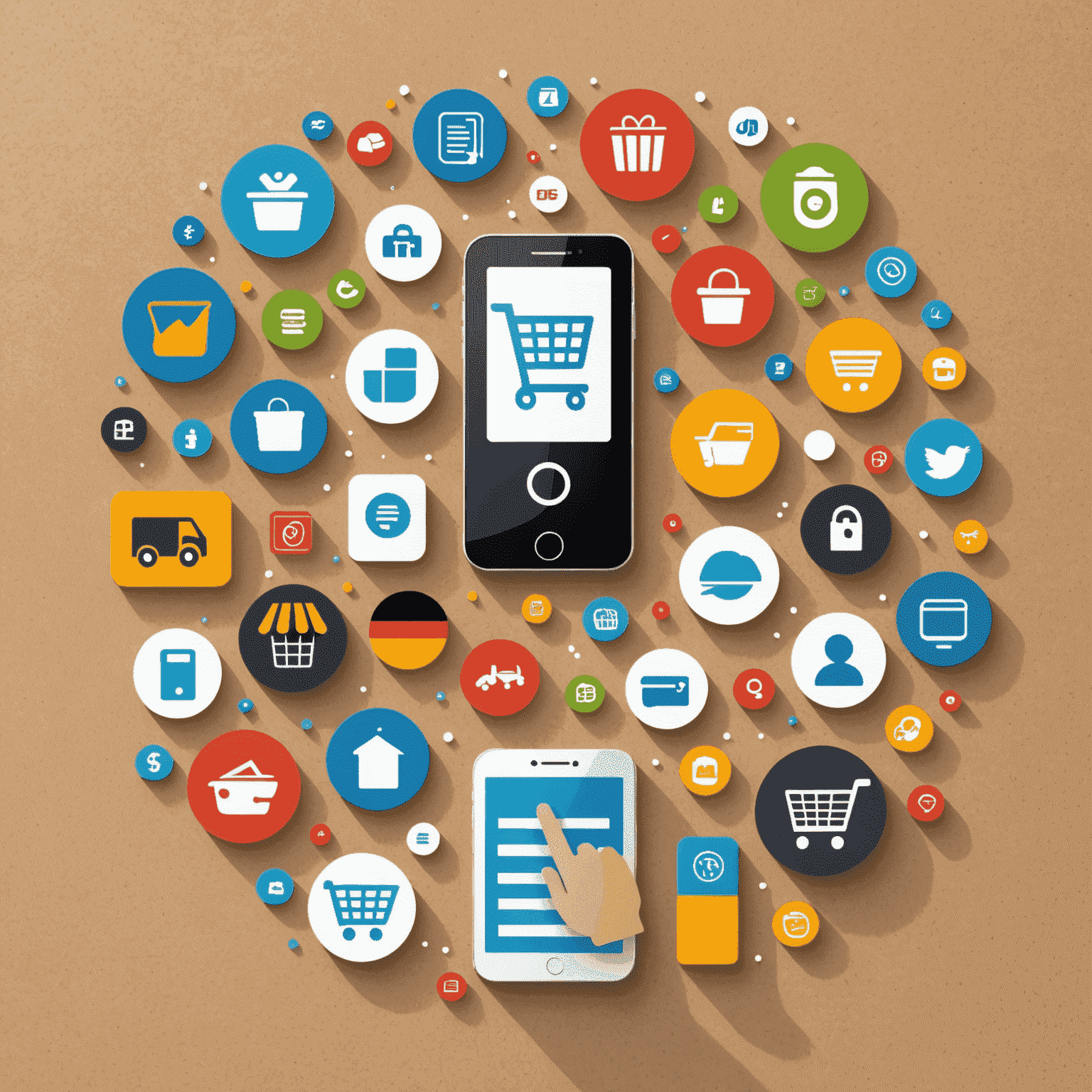 Grafik zeigt verschiedene Icons für Online-Shopping, mobile Zahlungen und Lieferservices, die die neuesten E-Commerce-Trends in Deutschland darstellen