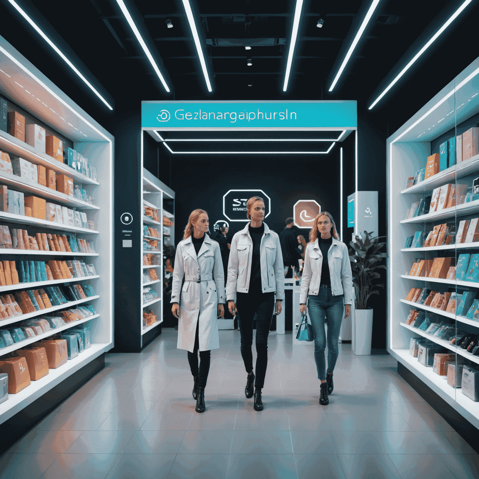 Futuristische Darstellung eines deutschen Online-Shops mit holografischen Produktanzeigen und KI-gestützten Einkaufsassistenten