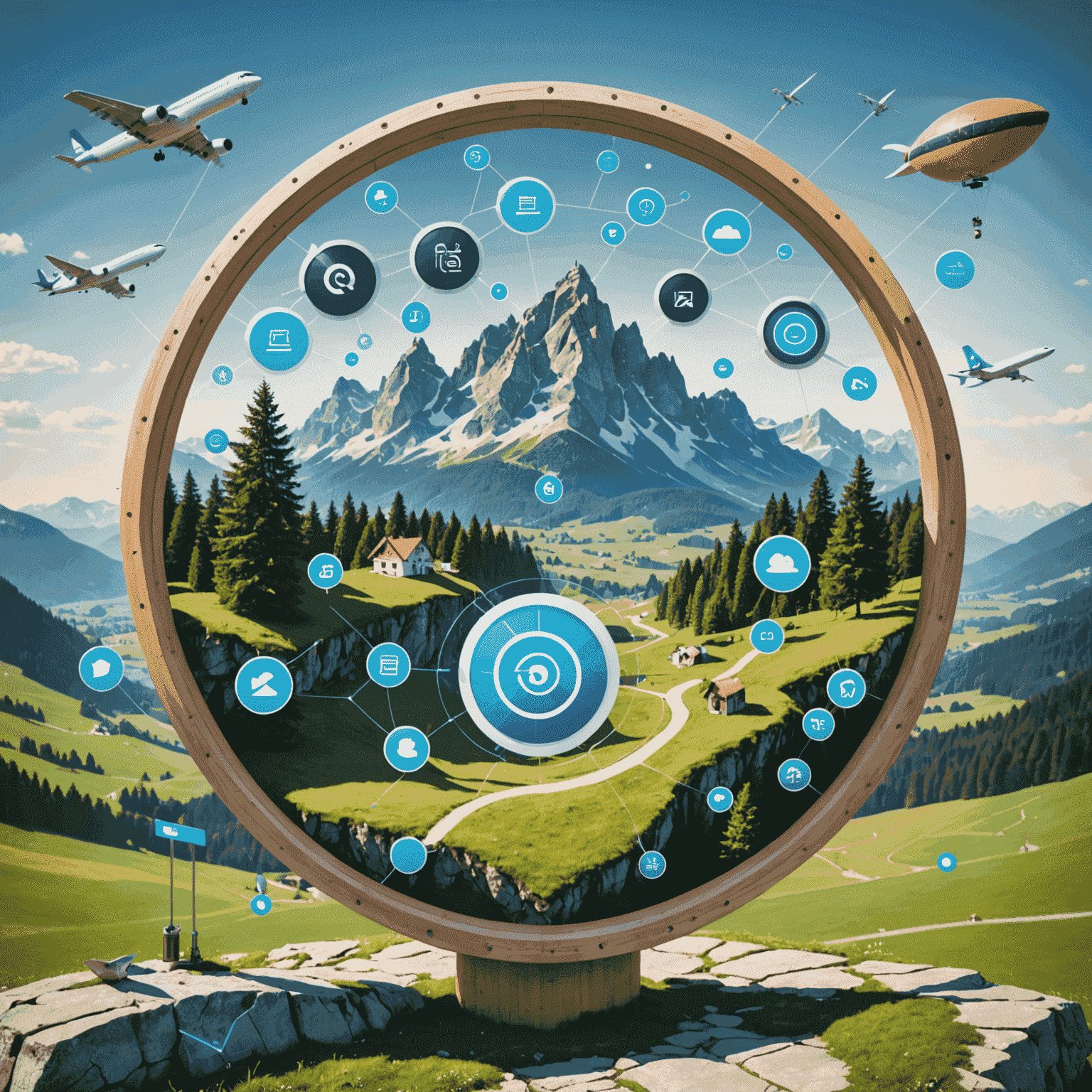 Futuristische Darstellung von digitalen Marketing-Tools und bayerischen Landschaften, die sich überschneiden