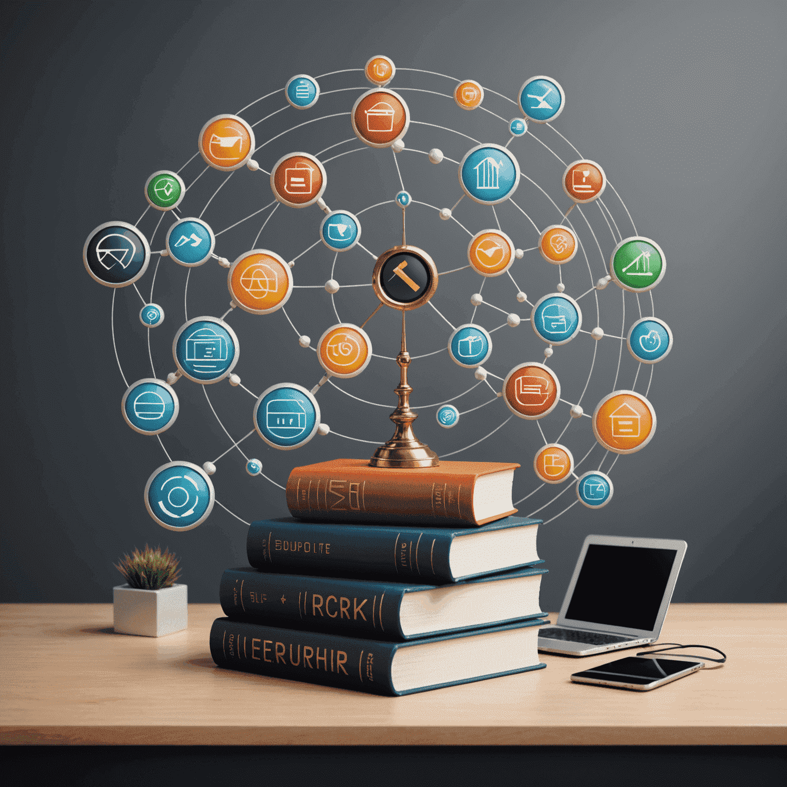 Futuristische Darstellung von digitalen Gesetzbüchern und E-Commerce-Symbolen, die die Komplexität der deutschen Online-Handelsregulierungen symbolisieren