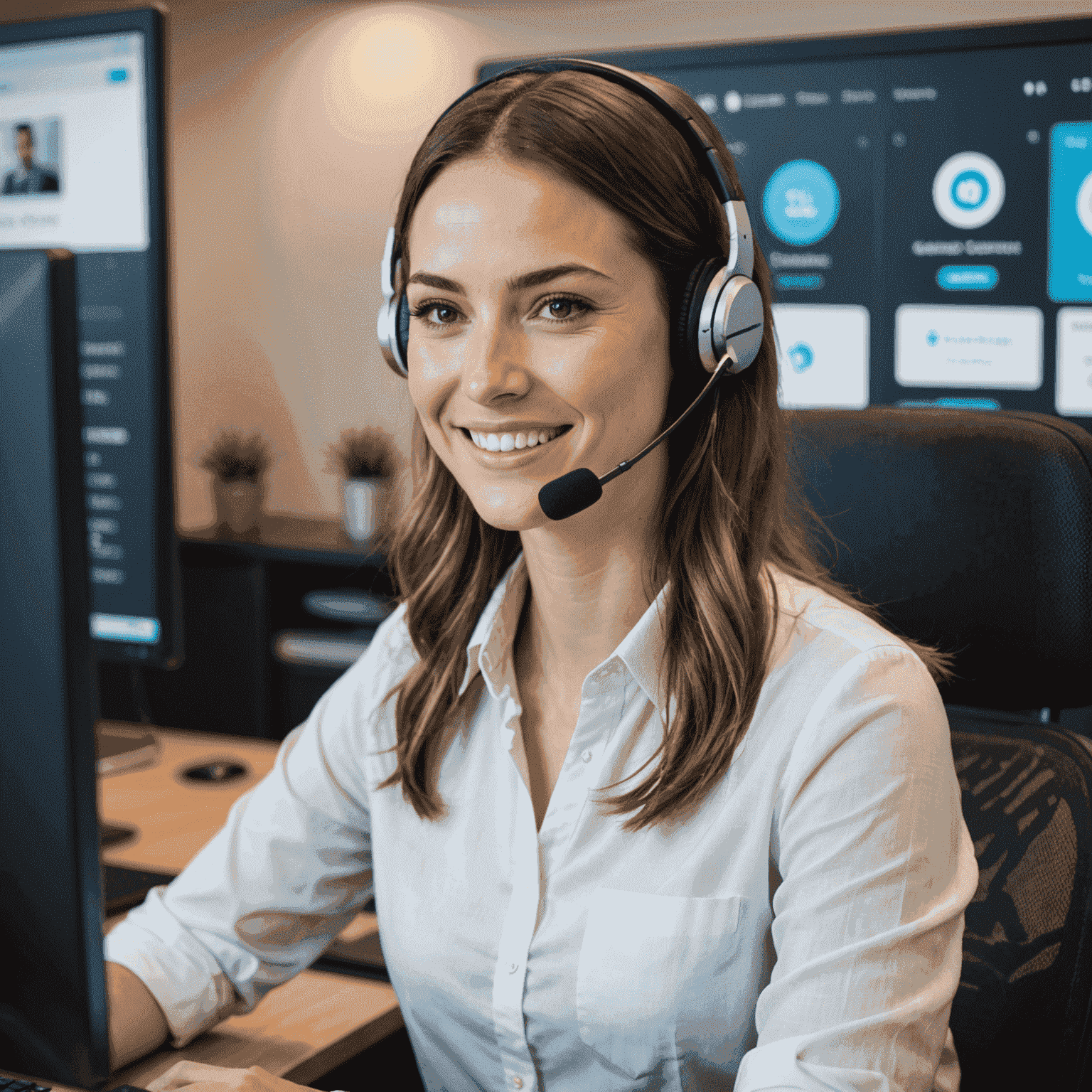 Kundendienstmitarbeiter mit Headset vor einem Computerbildschirm mit E-Commerce-Plattform, lächelnd und hilfsbereit