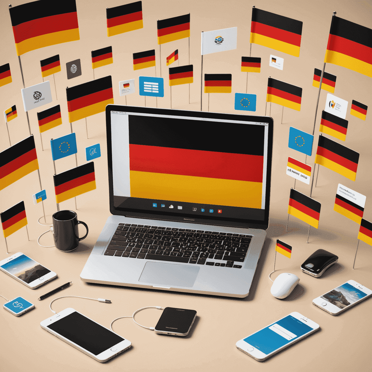 Abstrakte 3D-Darstellung eines optimierten Online-Shops mit deutschen Flaggenelementen und benutzerfreundlichen Schnittstellen