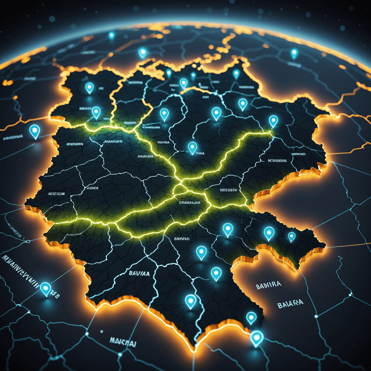 Futuristische Karte von Bayern mit leuchtenden Digitalpunkten, die Marketingstrategien und E-Commerce-Hotspots darstellen