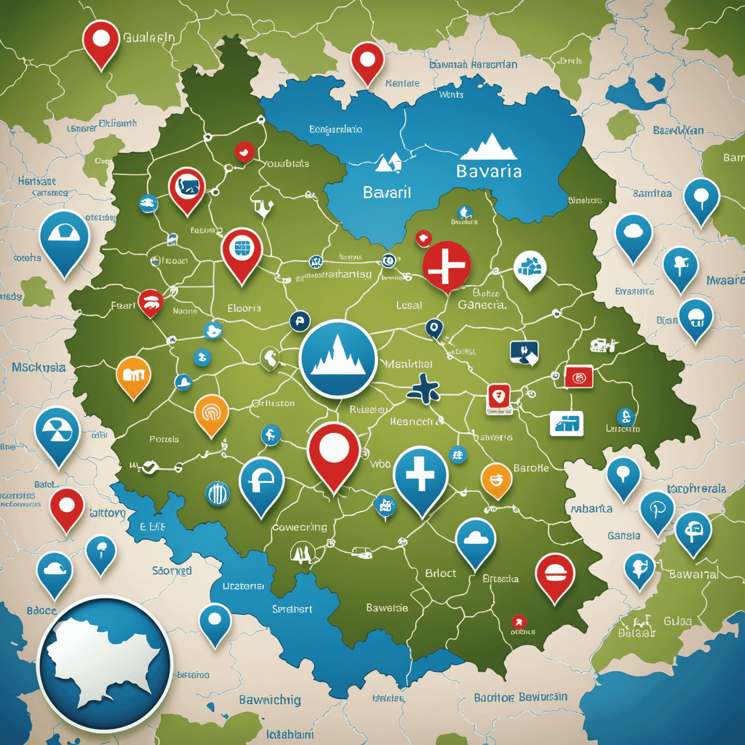 Karte von Bayern mit hervorgehobenen digitalen Marketing-Hotspots und E-Commerce-Symbolen